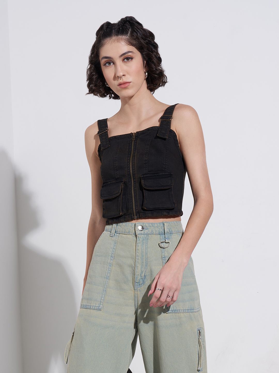 

SF JEANS by Pantaloons Women Shoulder Straps Sleeveless Cotton Top with Pocket Detailing, Brown