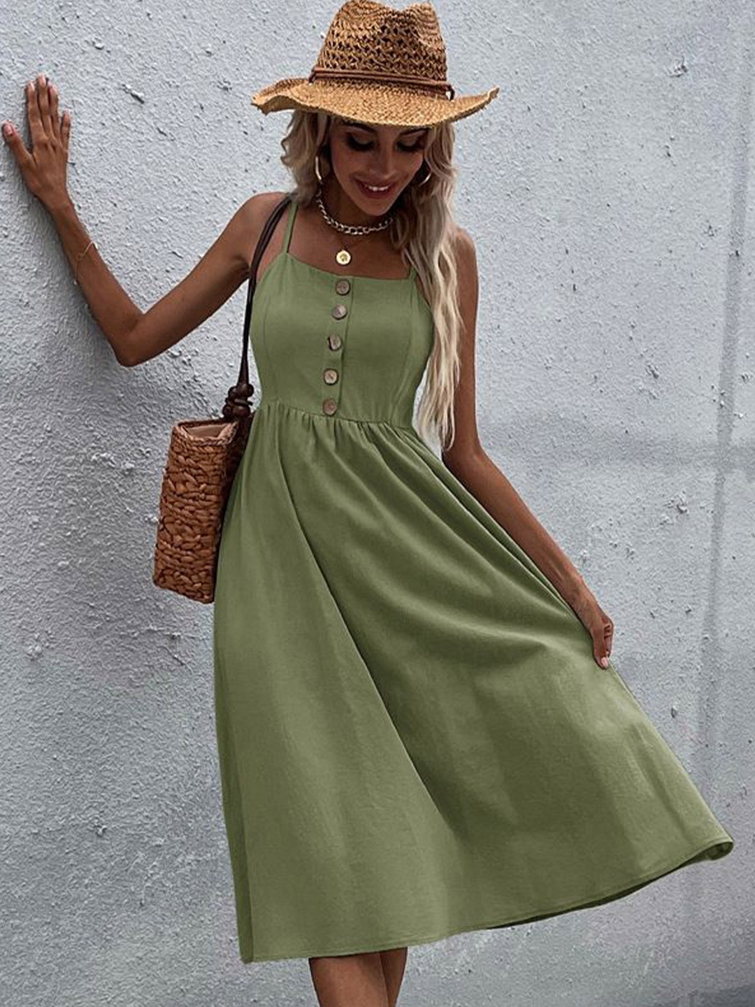 

StyleCast Shoulder Straps Cotton Fit & Flare Dress, Green