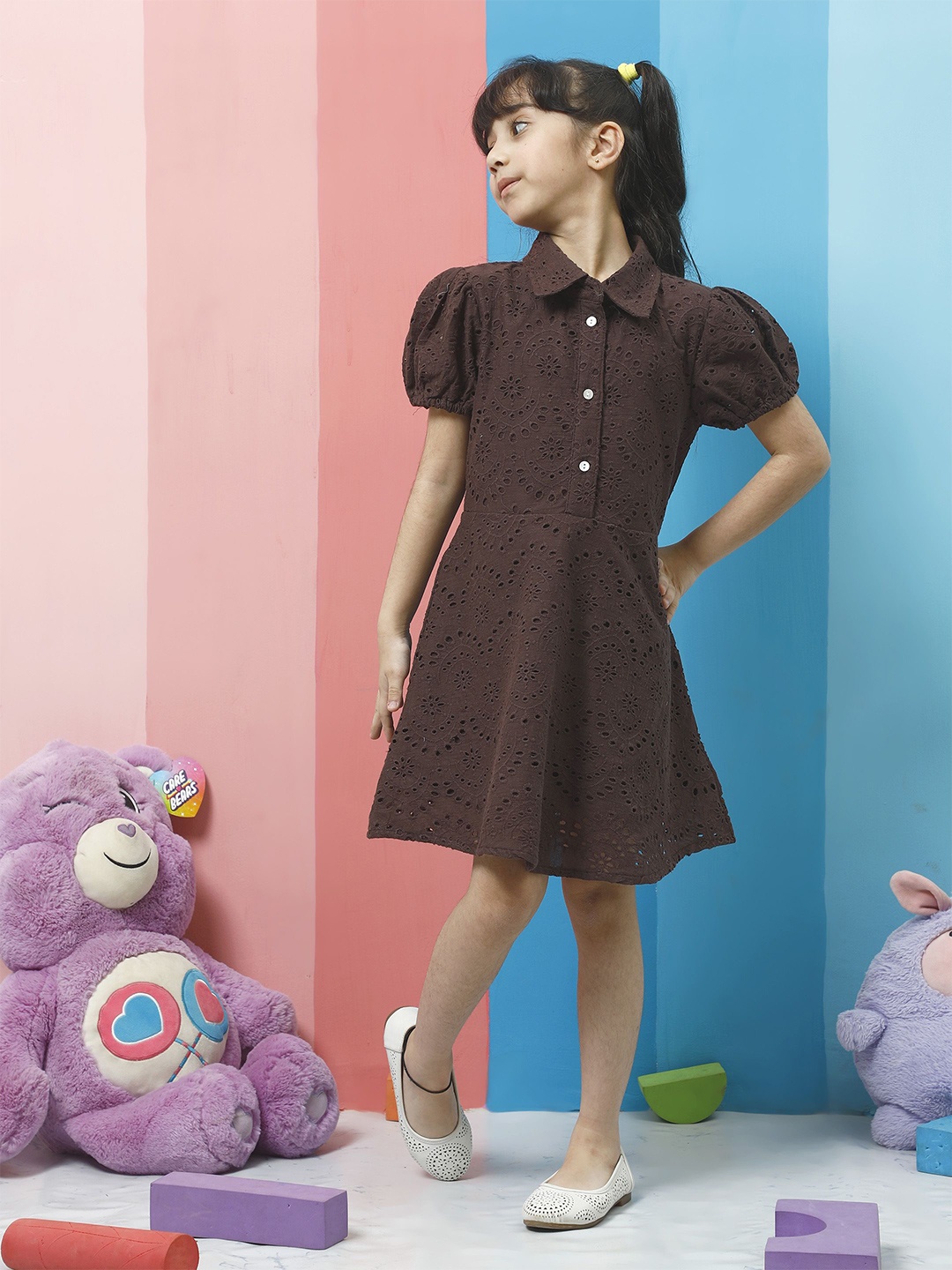 

Athena Girl Puff Sleeve Fit & Flare Dress, Brown