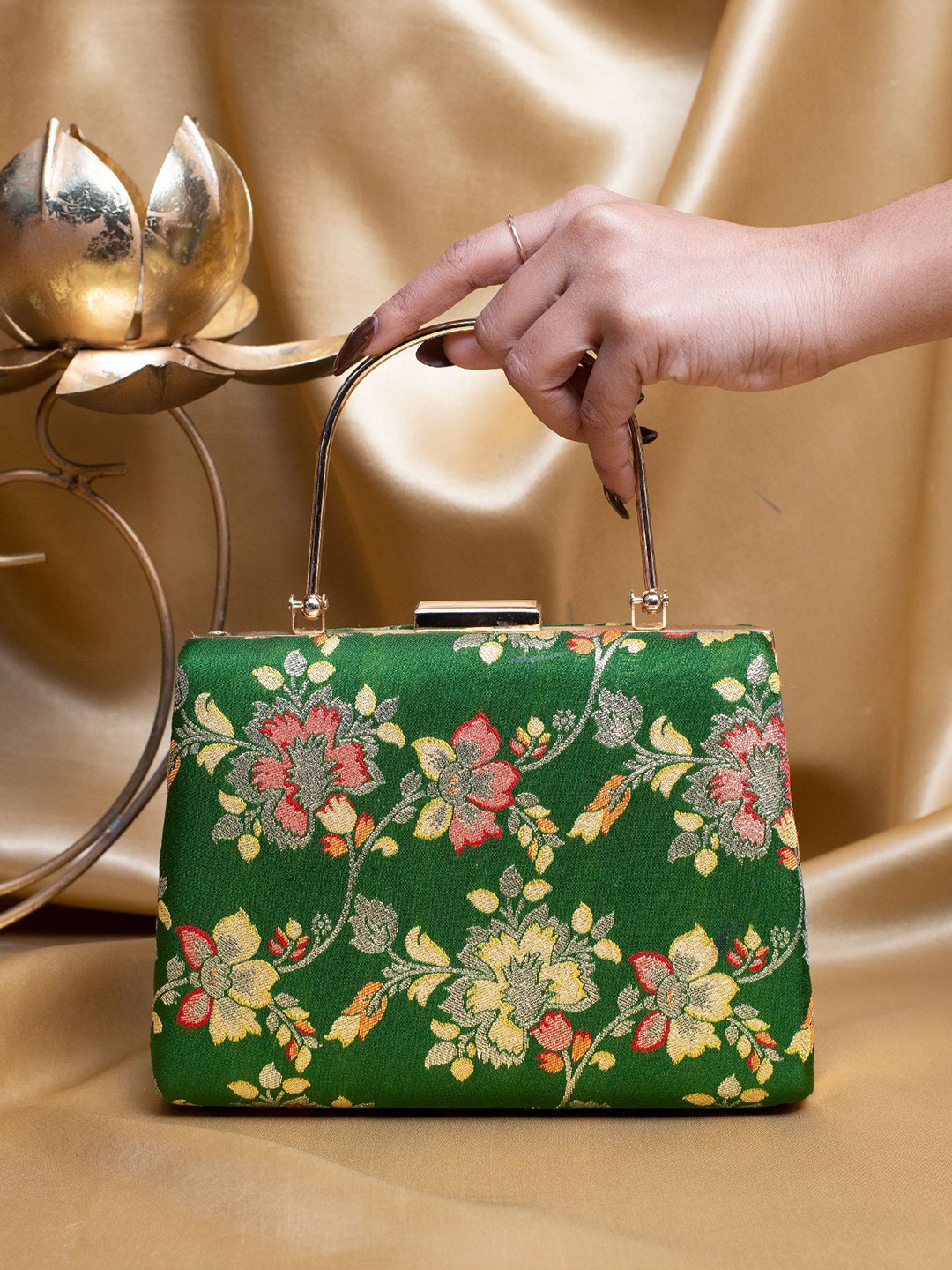 

ARTKLIM Floral Embroidered Brocade Box Clutch, Green