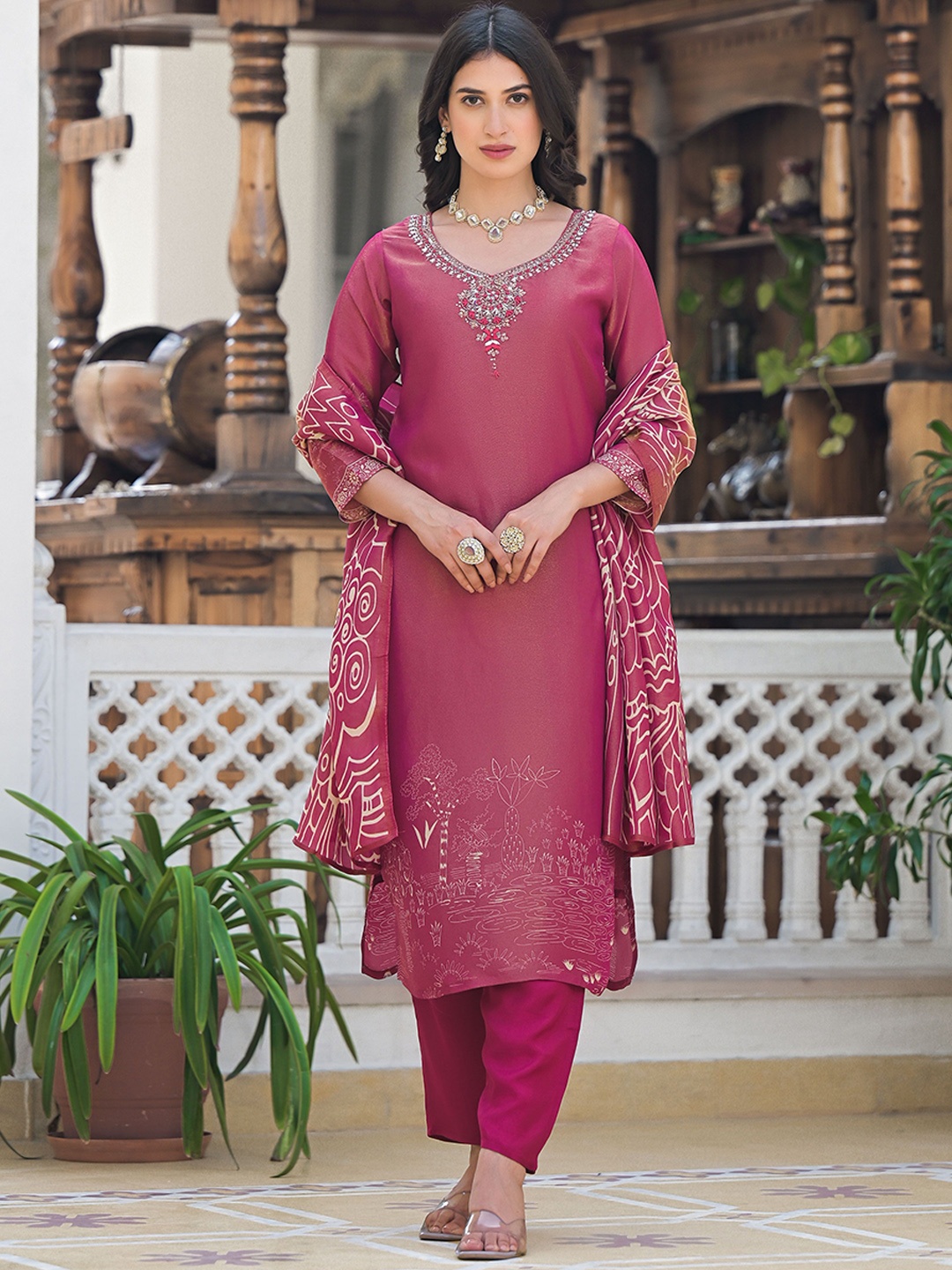 

Anouk Pink Beige Ethnic Motifs Embroidered Beads and Stones Kurta With Trouser And Dupatta