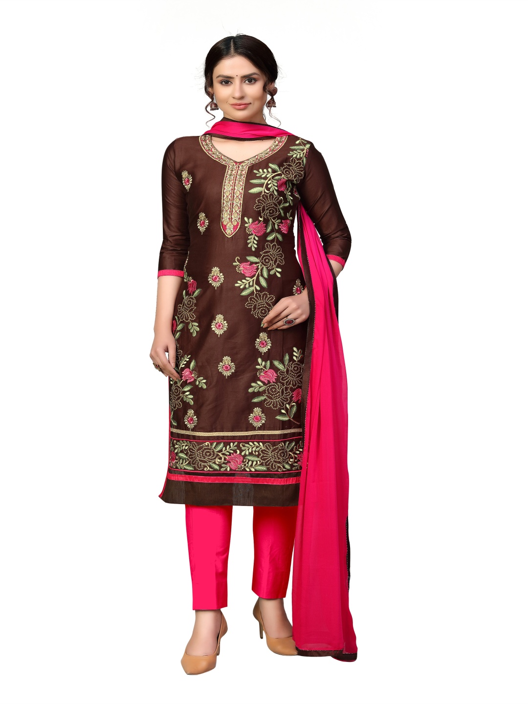 

HERE&NOW Embroidered Unstitched Dress Material, Brown