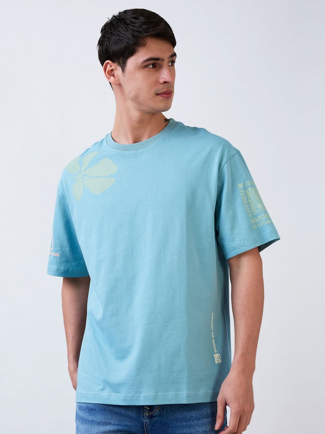 

SPYKAR Men Floral Printed Round Neck Cotton Relaxed Fit T-shirt, Blue