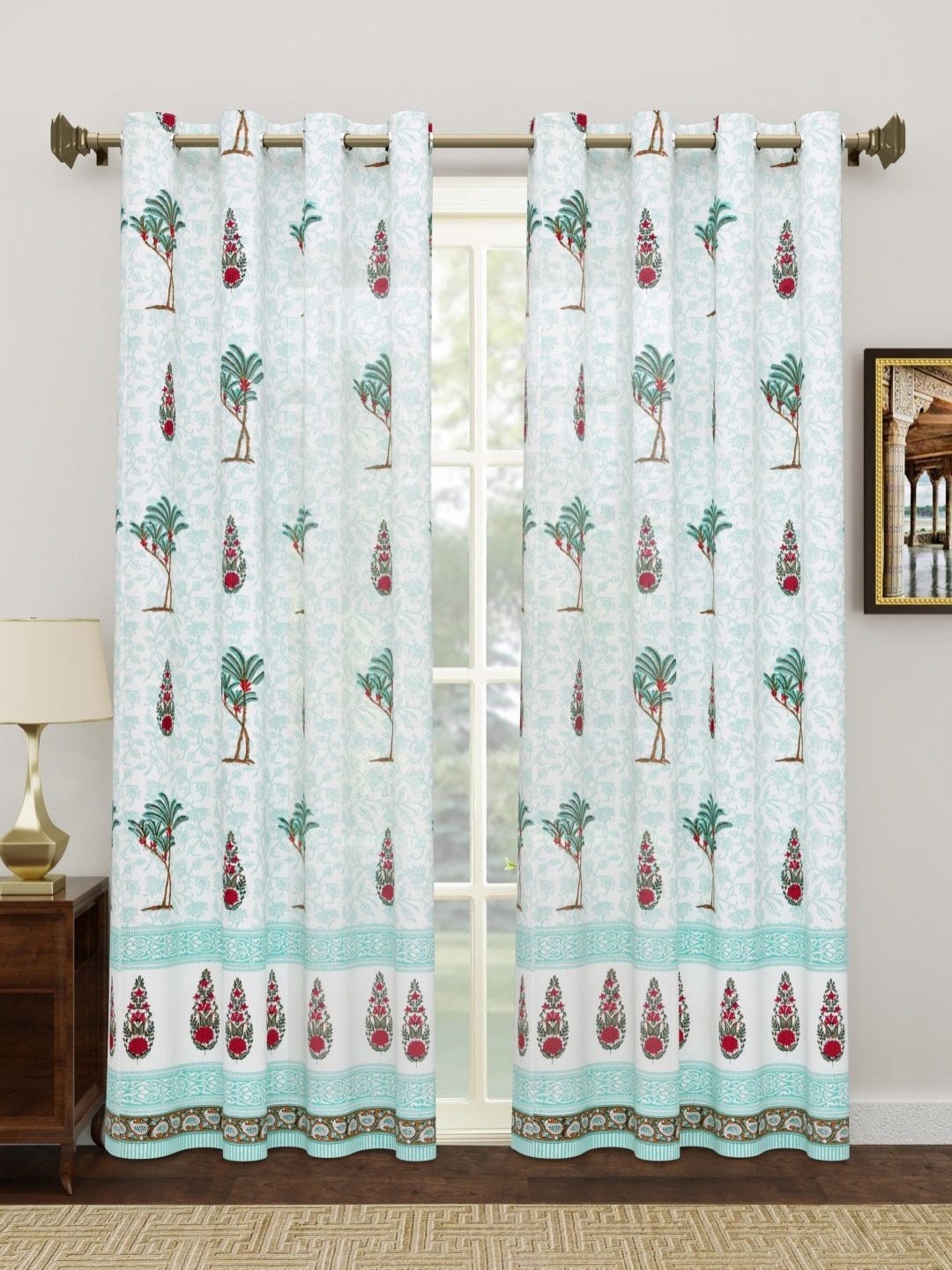 

Myntra Elegant Homes Green And White 2 Pieces Floral Printed Cotton Door Curtain
