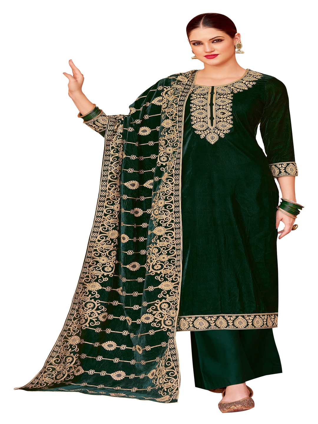 

DRAVINAM Trends Ethnic Motifs Embroidered Velvet Unstitched Dress Material, Green