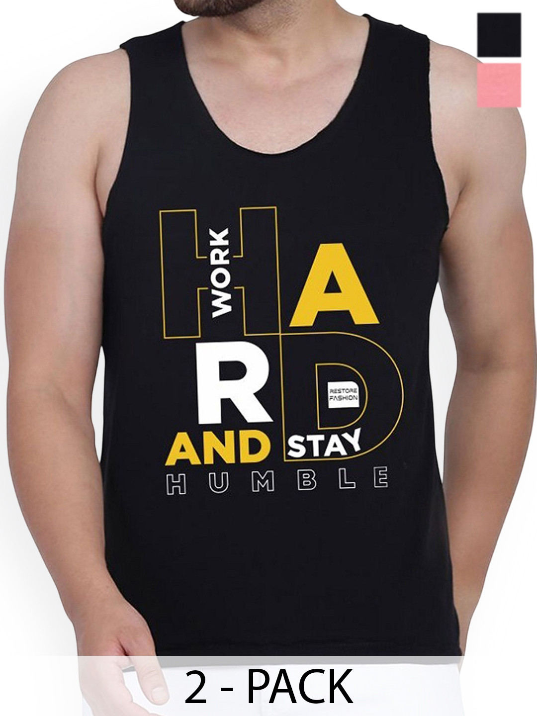 

WOOSTRO Pack Of 2 Printed Combed Cotton Gym Vest RS26 CMB (HARD PEACH) (HARD BLACK)