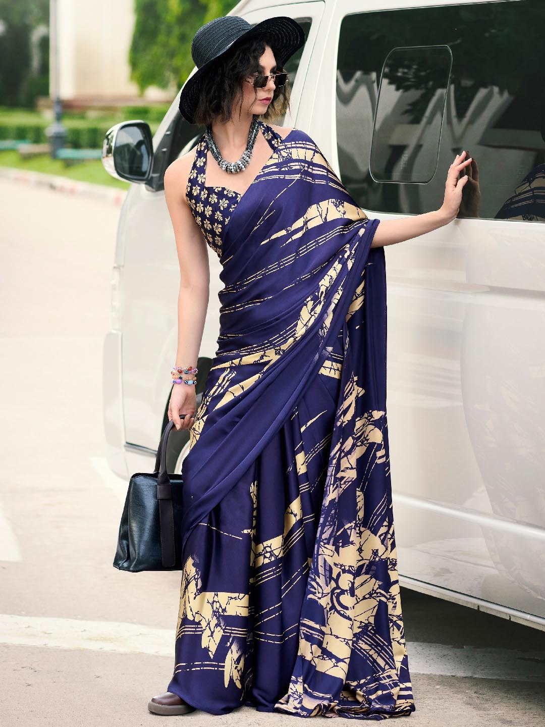 

Panzora Printed Satin Saree with Blouse Piece, Navy blue