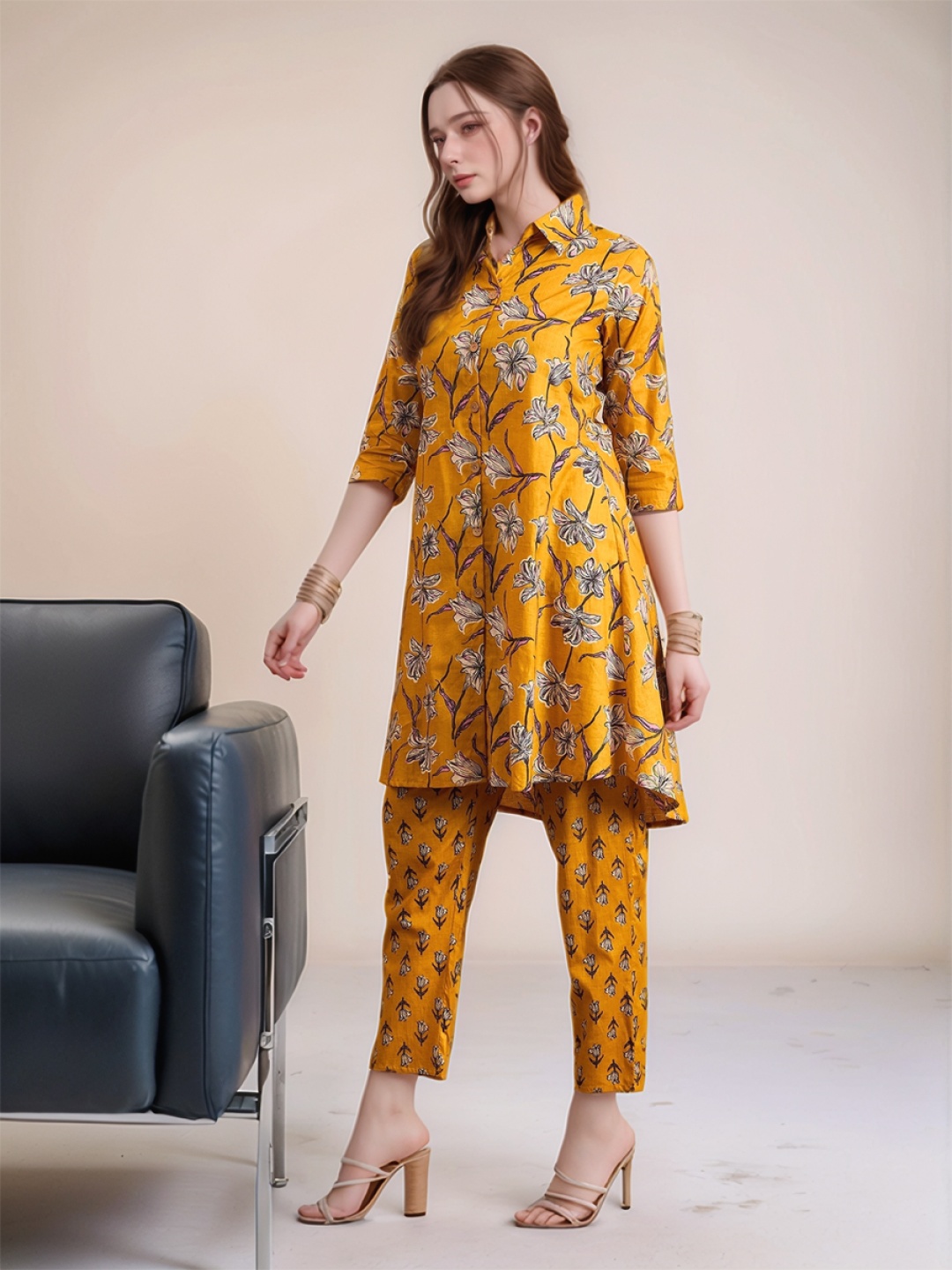 

BAESD Floral Printed Pure Cotton Shirt Collar Tunic With Trouser, Mustard