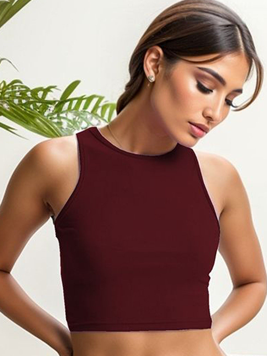 

StyleCast x Revolte Ribbed Round Neck Fitted Crop Top, Maroon