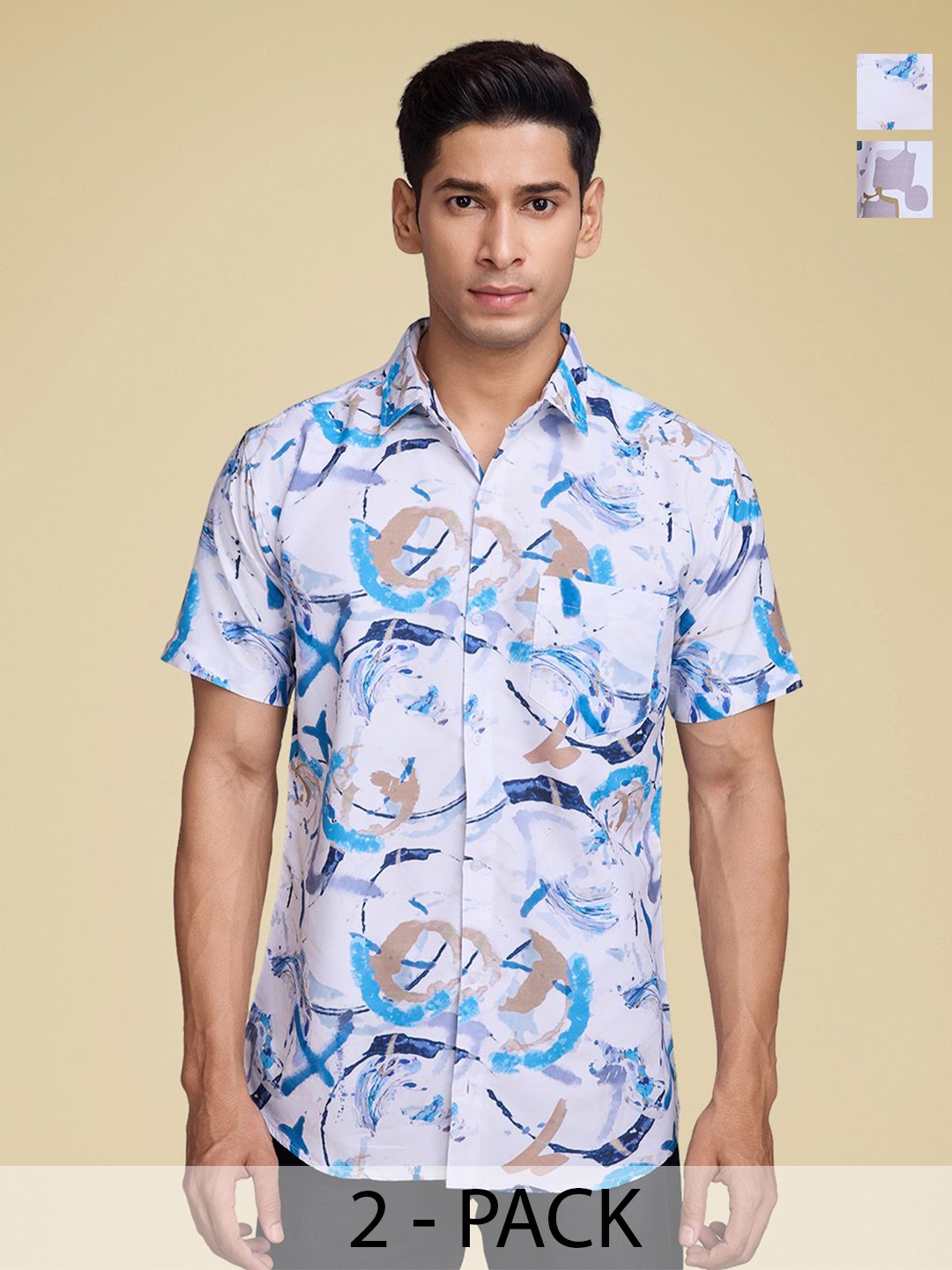 

SZN Men Pack Of 2 Standard Fit Spread Collar Abstract Printed Cotton Casual Shirts, Blue