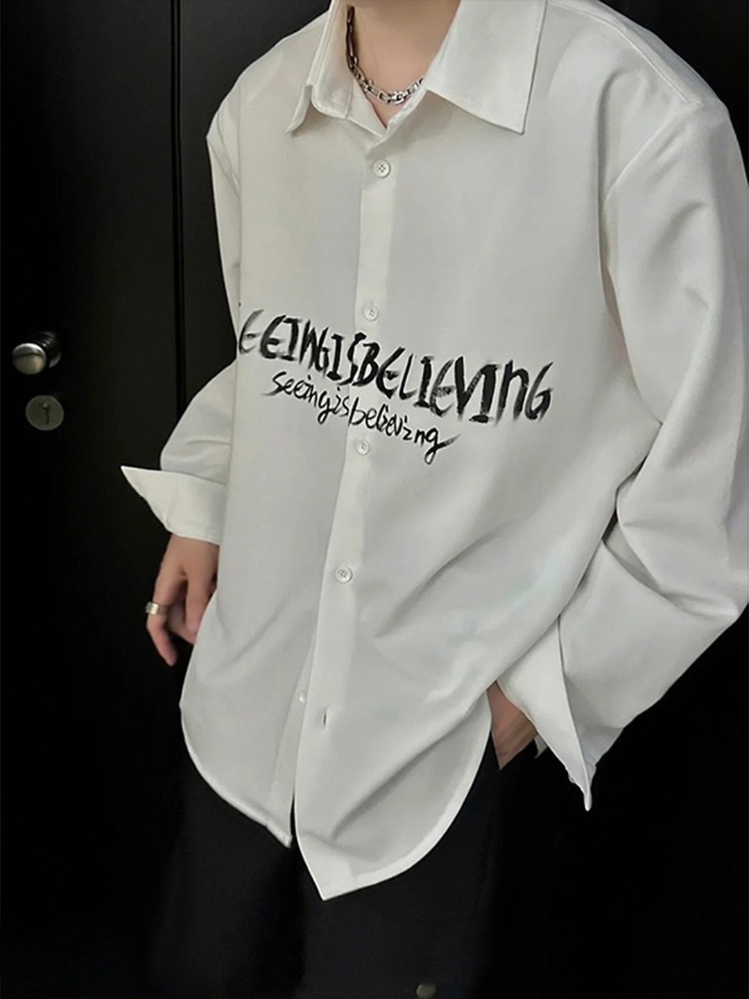 

HERE&NOW Men Oversized Fit Spread Collar Typography Printed Casual Shirt, White