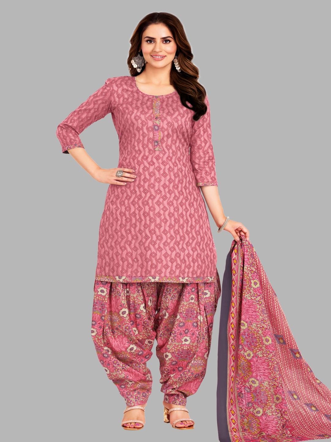 

Simmu Floral Printed Pure Cotton Unstitched Dress Material, Pink