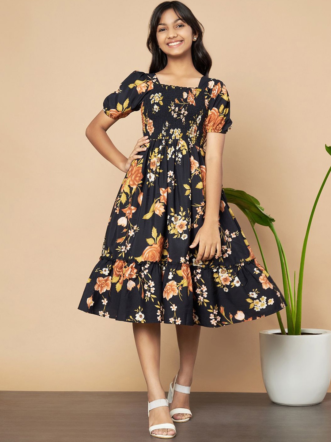 

ZWERLON Girls Floral Printed Puff Sleeve A-Line Midi Dress, Gold