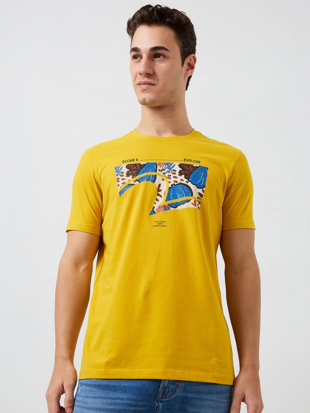 

SPYKAR Men Graphic Printed Round Neck Cotton Slim Fit T-shirt, Yellow