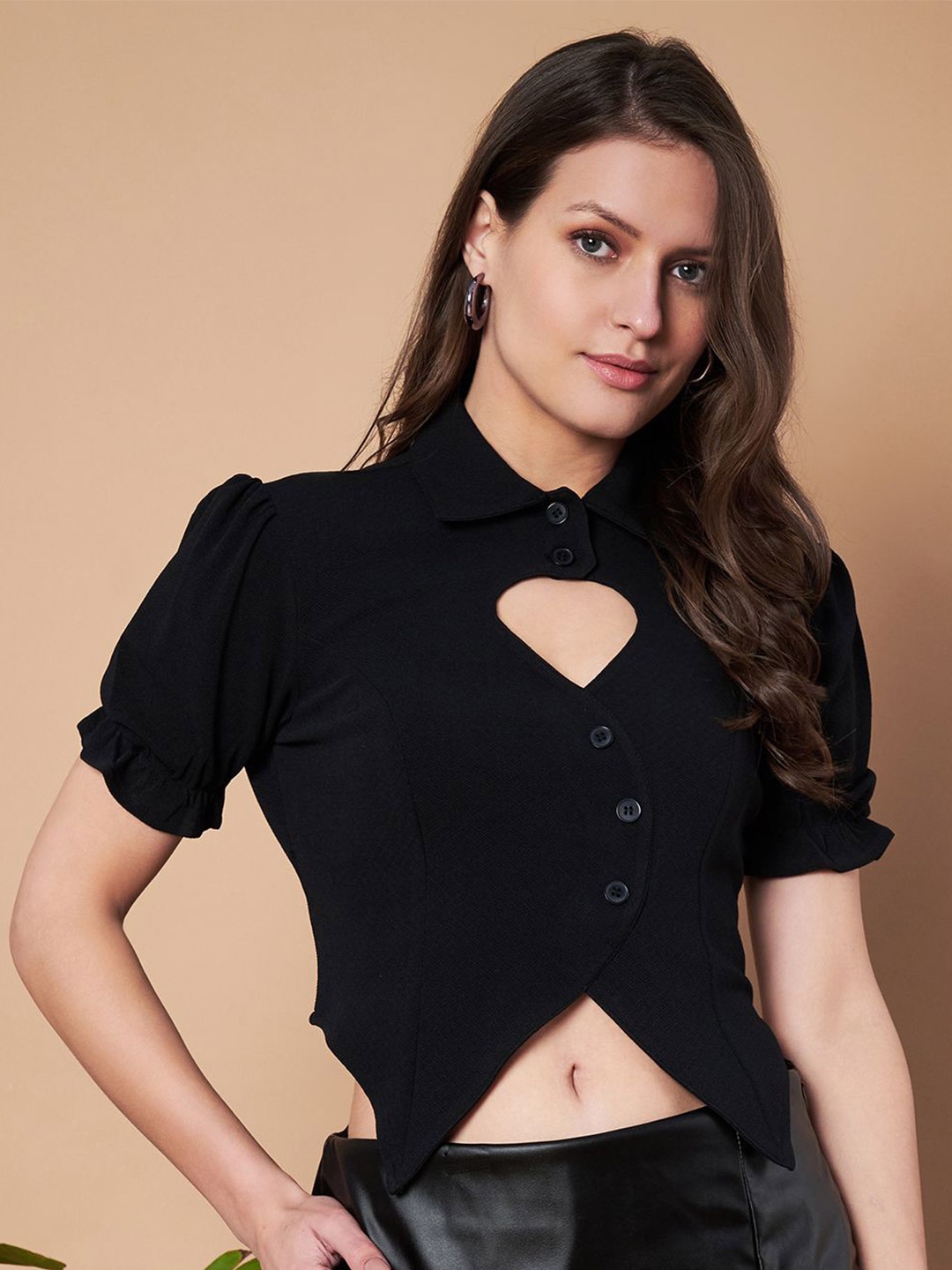 

Moda Rapido Women Heart-Cut Button-Up Crop Shirt Style Top, Black