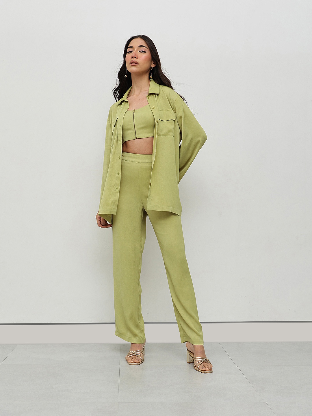 

HOUSE OF S Shoulder Straps Crop Top With Shirt & Trousers, Olive