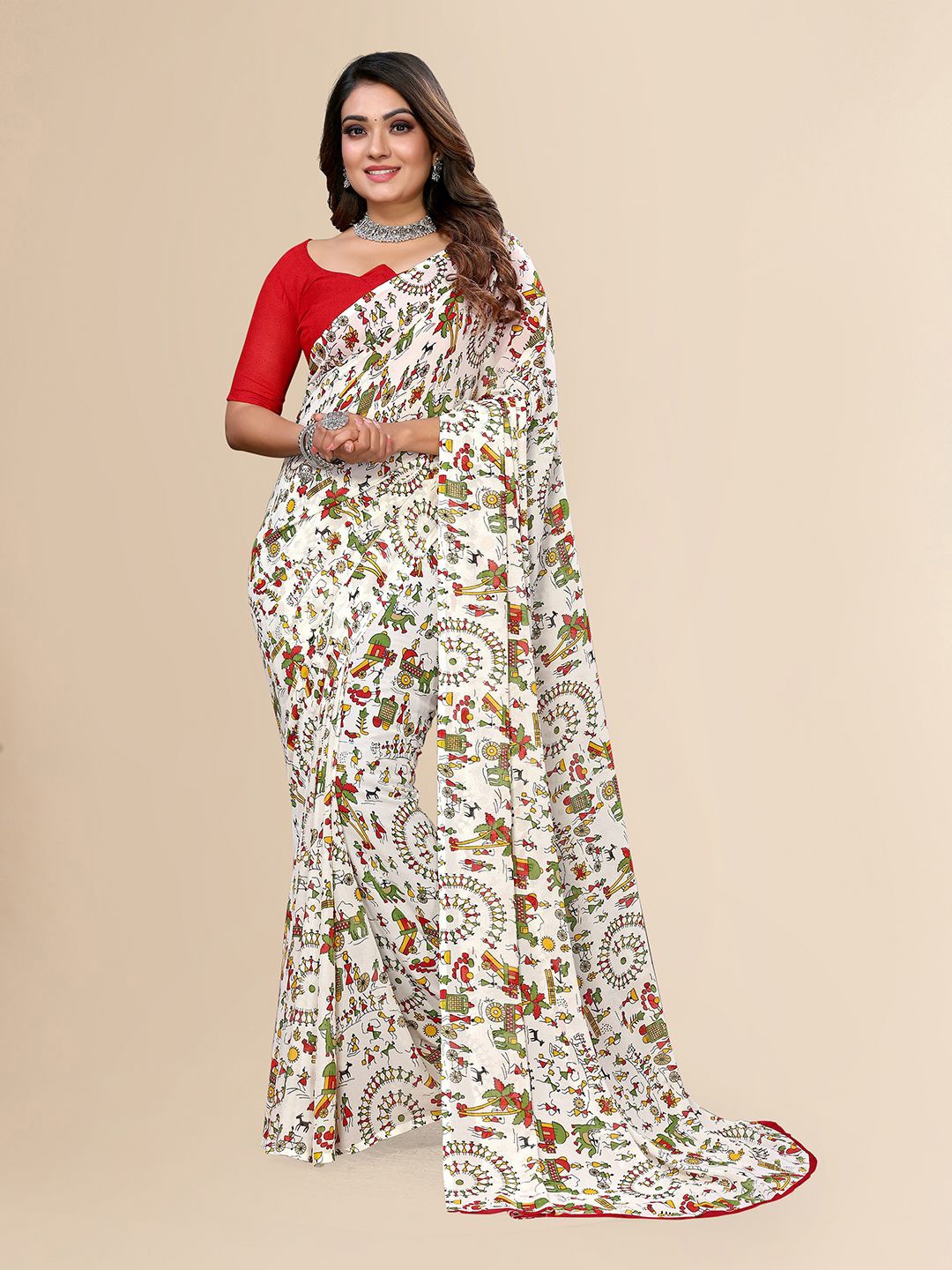 

Moda Rapido Kalamkari Printed Saree, White