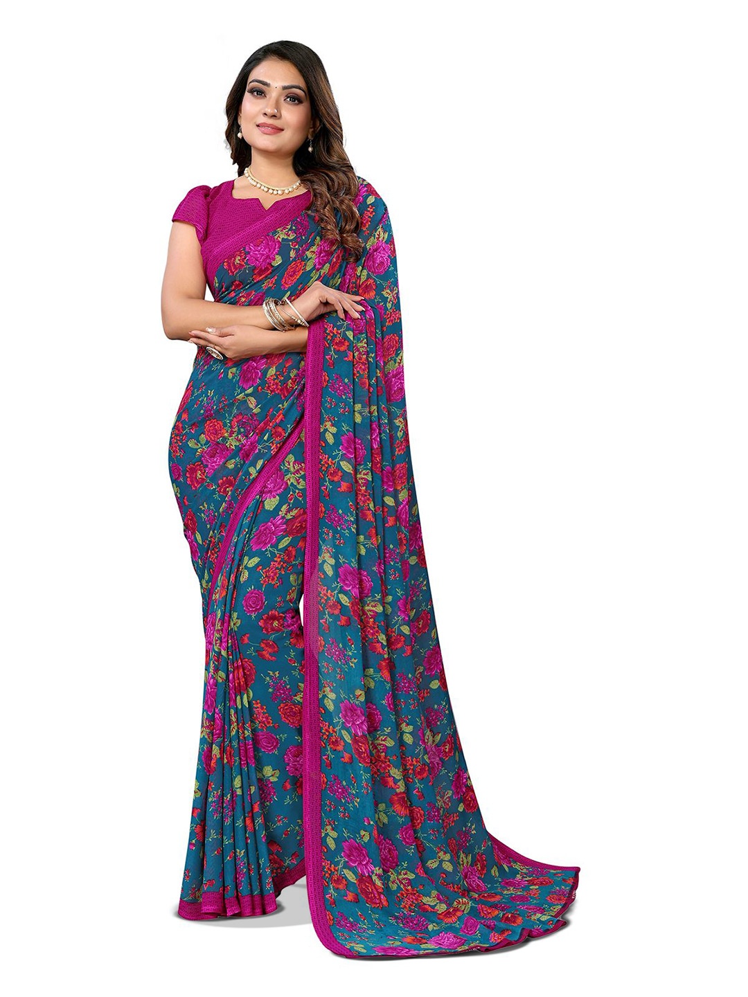 

Moda Rapido Floral Printed Saree, Teal