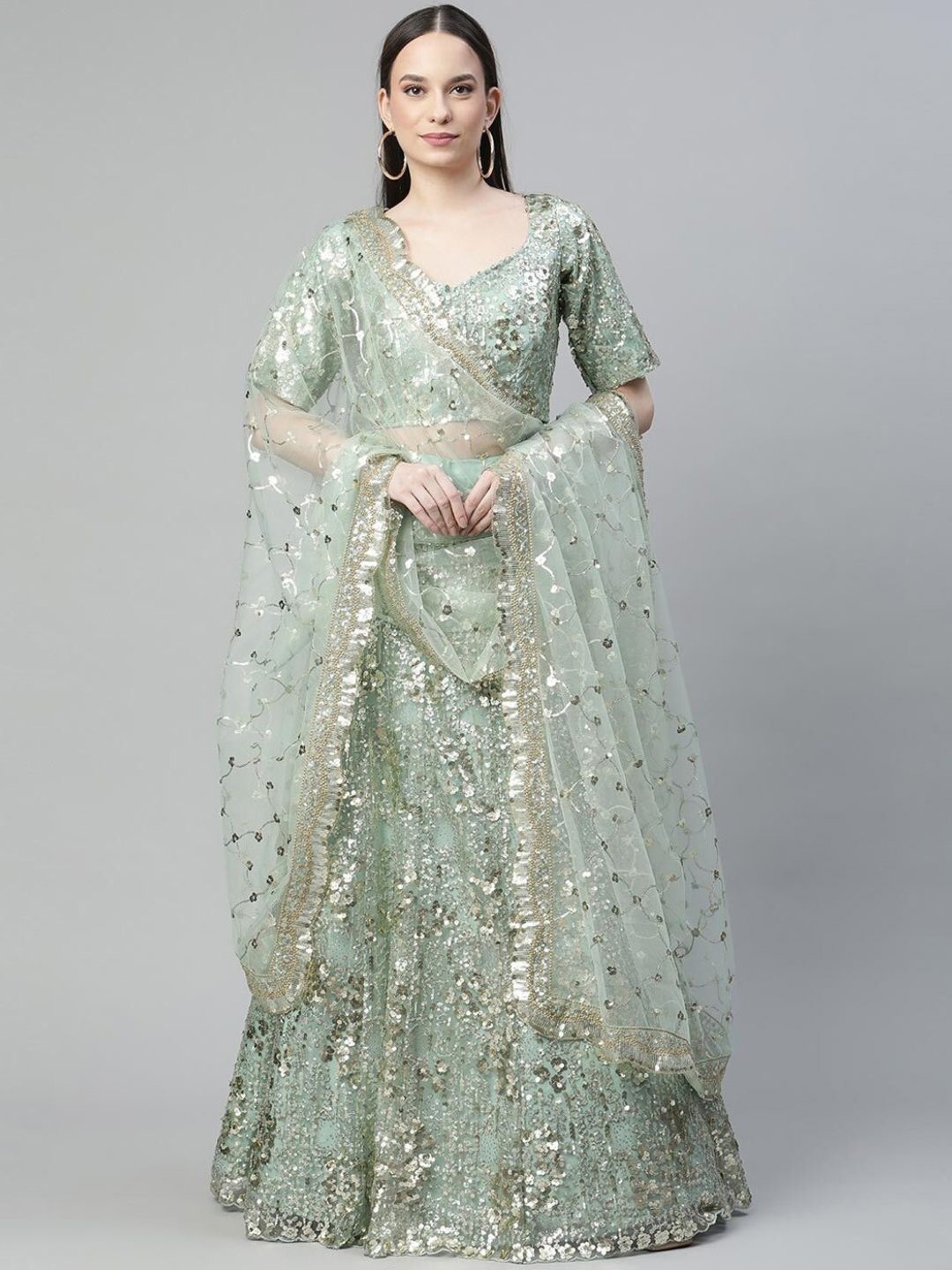 

Fusionic Embellished Thread Work Semi-Stitched Lehenga & Blouse With Dupatta, Green