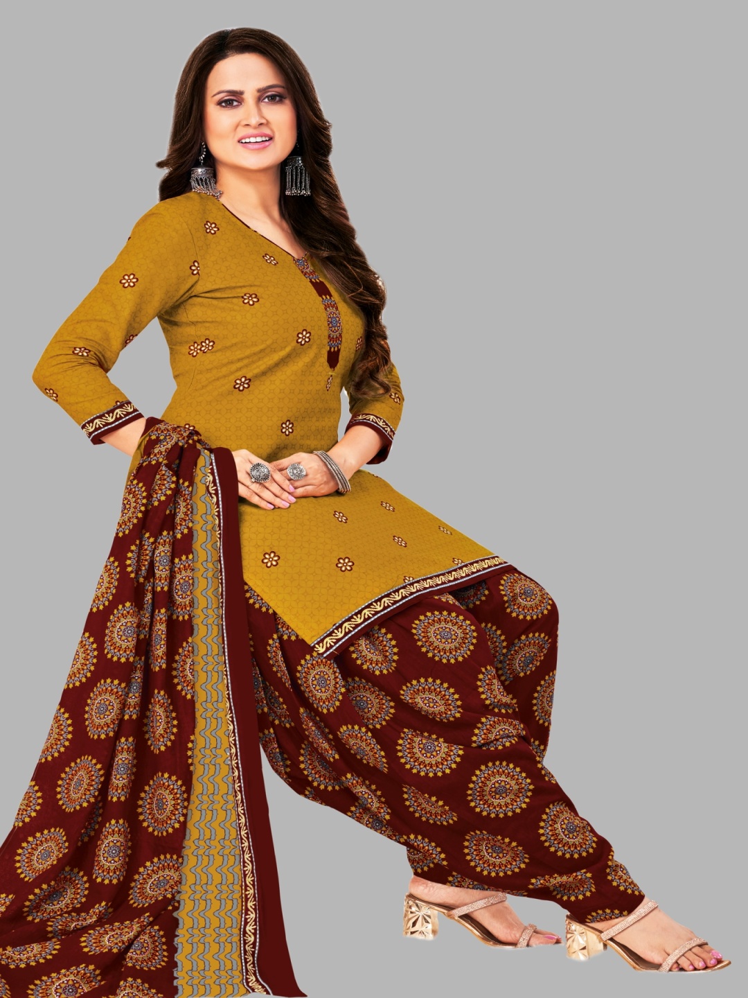

Simmu Floral Printed Pure Cotton Unstitched Dress Material, Mustard