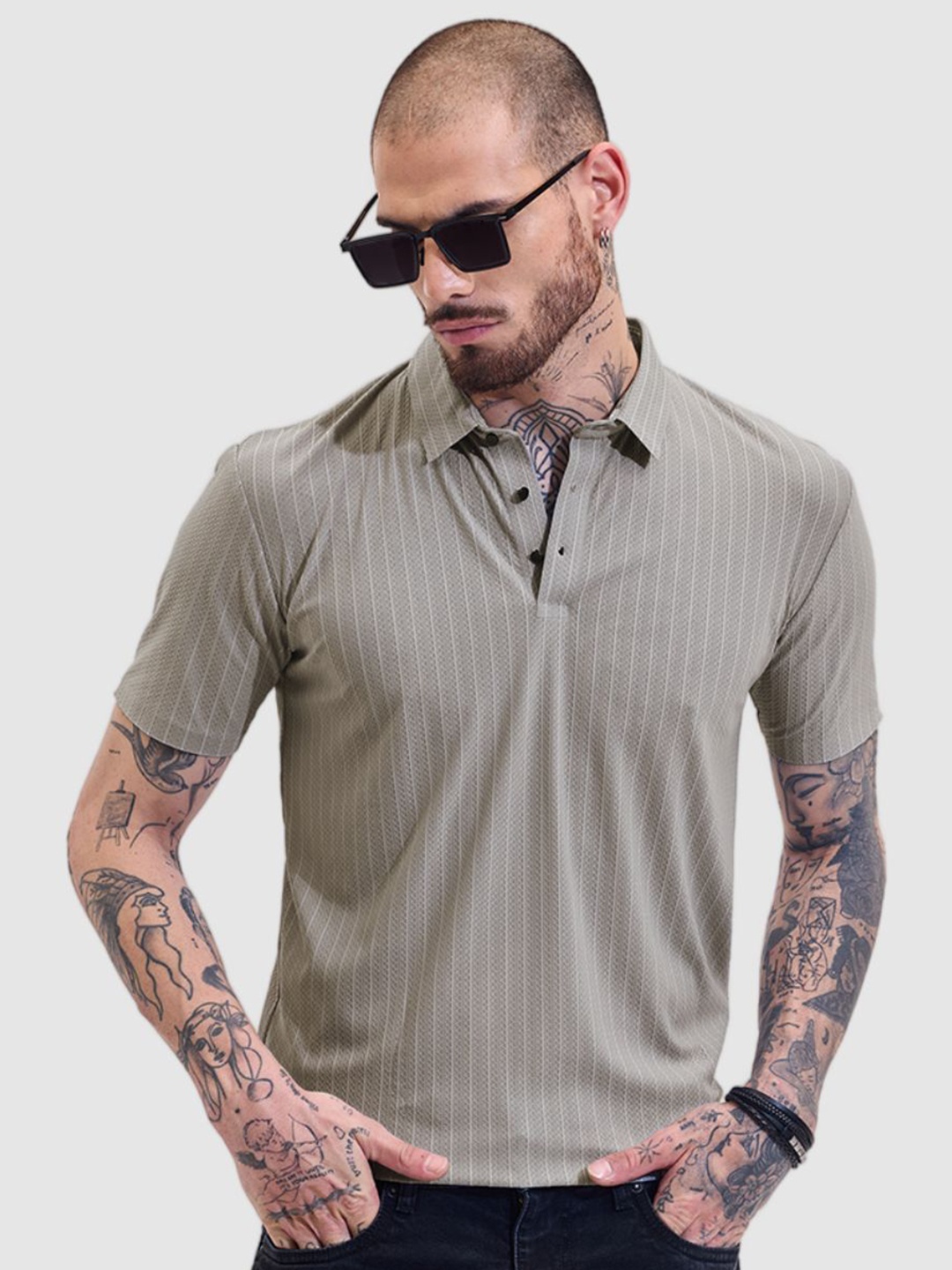 

Snitch Men Striped Polo Collar Slim Fit T-shirt, Grey