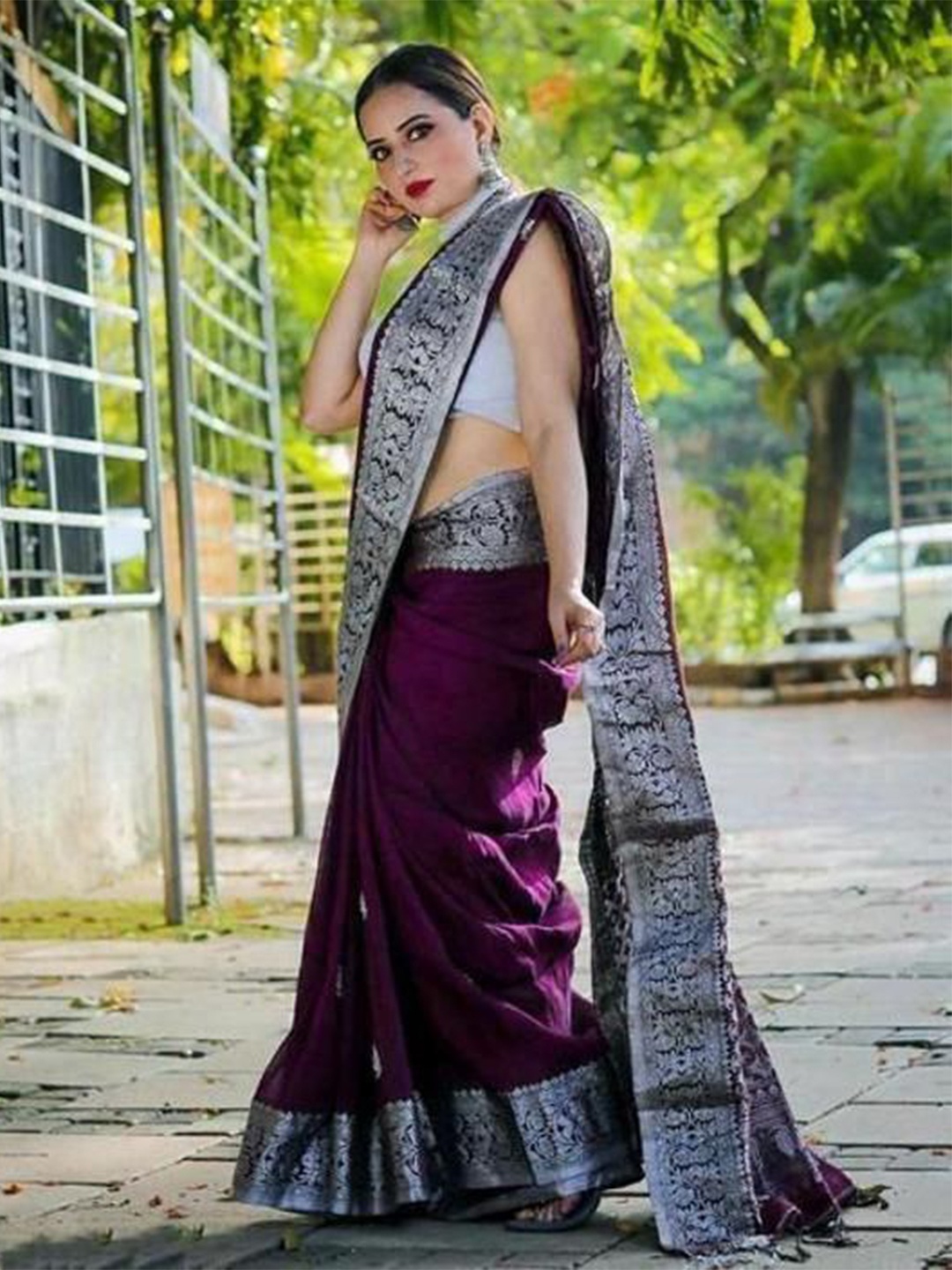 

bansari textiles Woven Design Zari Banarasi Saree, Purple