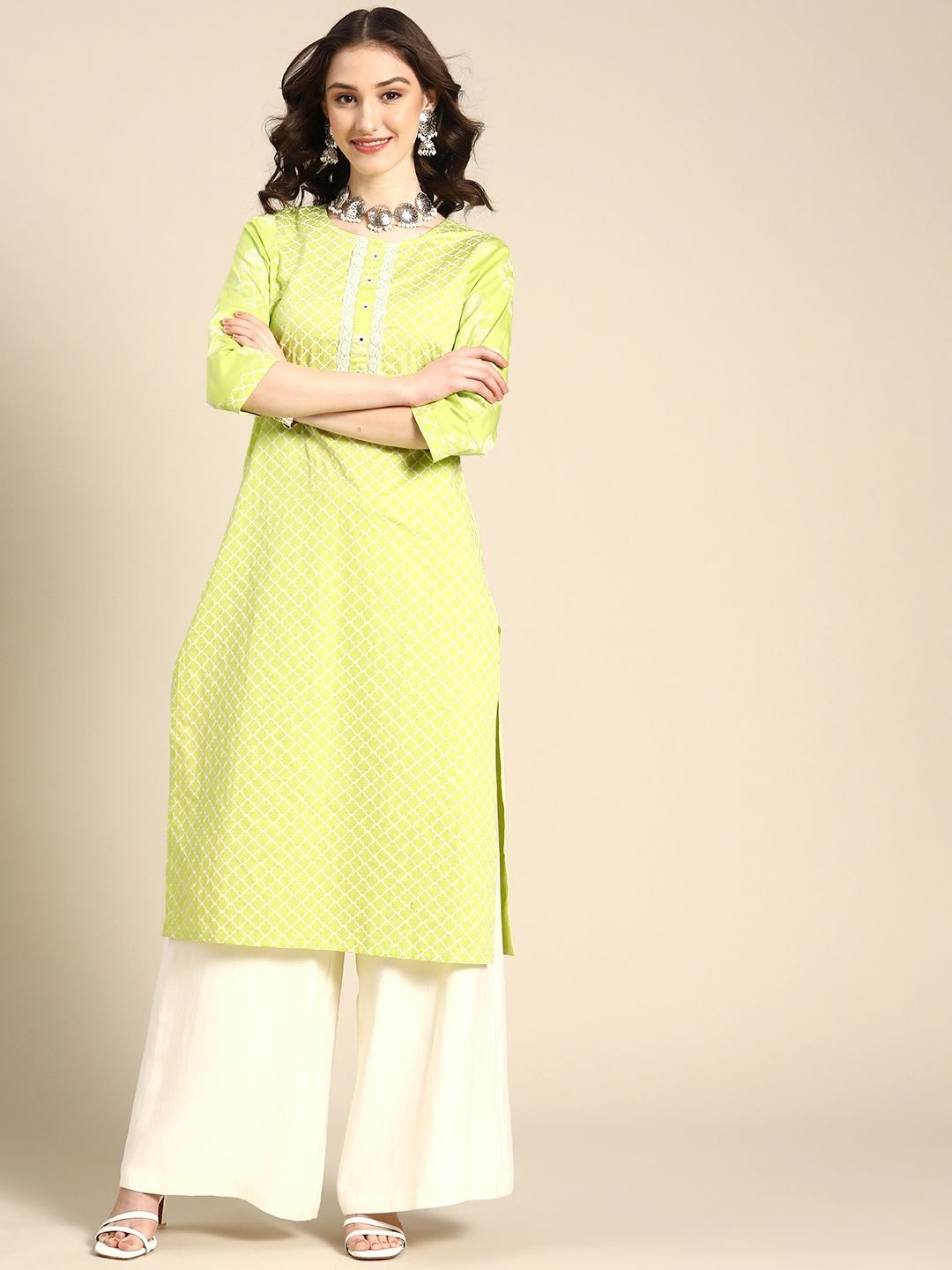 

Suha Checked Round Neck Straight Kurta, Lime green