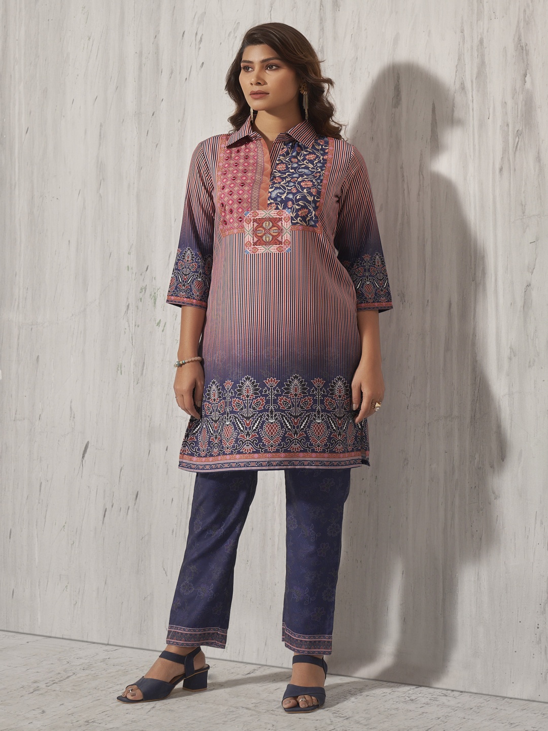 

Anouk Navy Blue And Rust Ethnic Motifs Printed Shirt Collar Top With Trouser