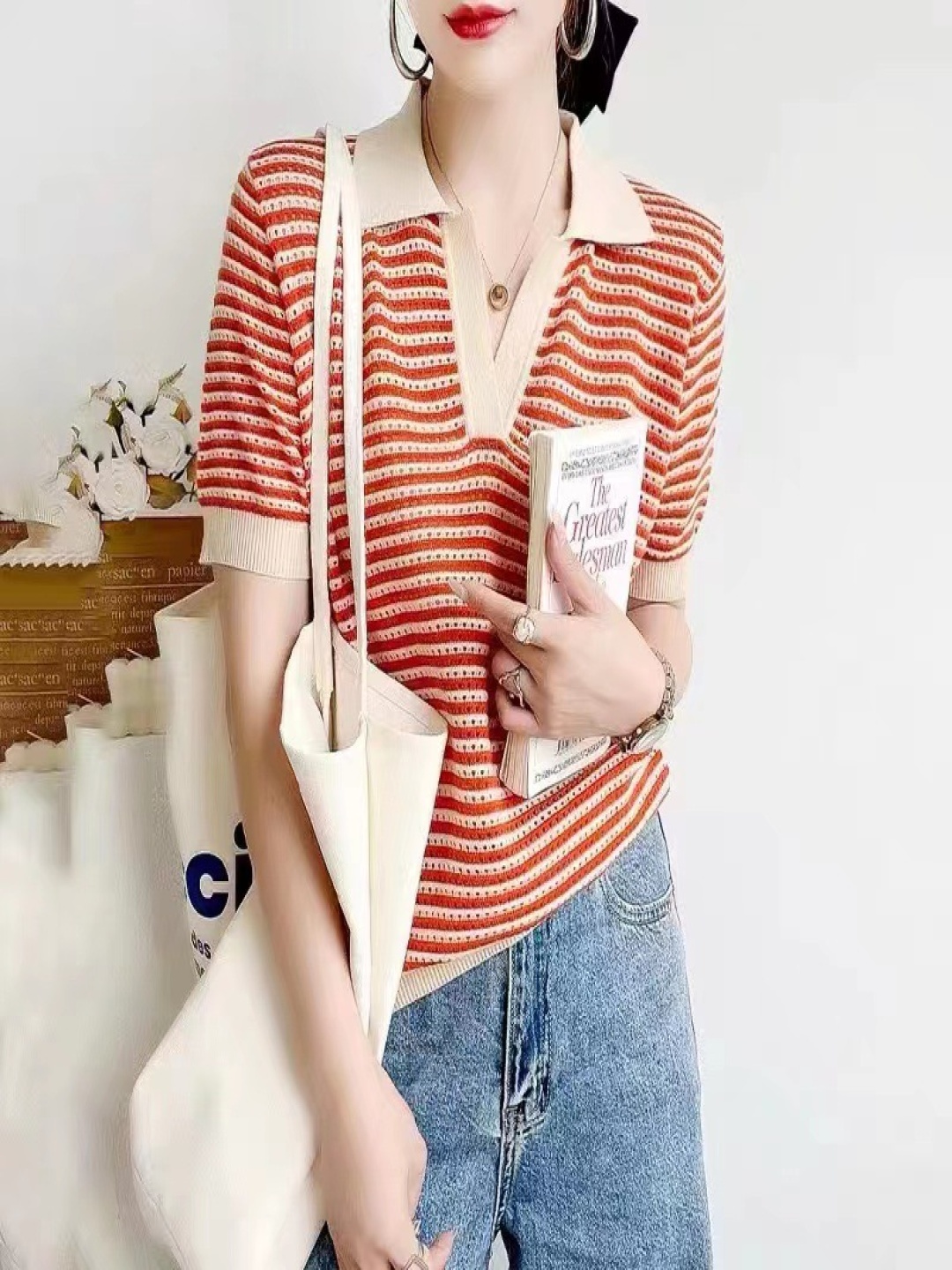 

StyleCast Women Striped Polo Collar Pockets T-shirt, Orange
