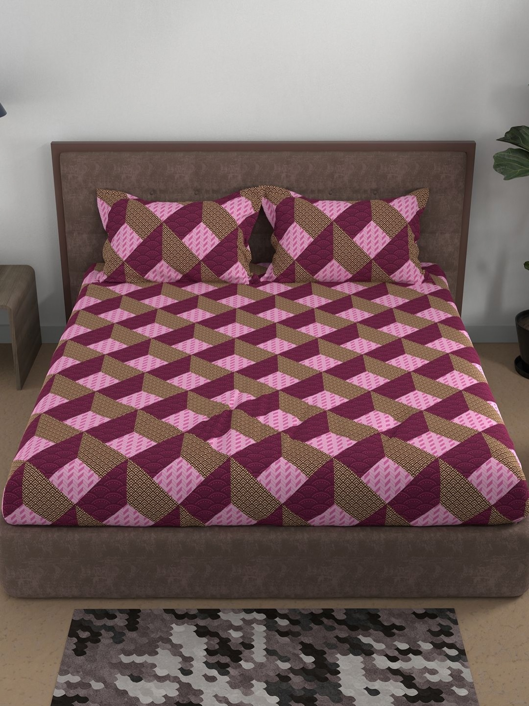 

BELLA CASA Pink Geometric Printed 180 TC Cotton Queen Bedsheet Set 2.7 m x 2.2 m