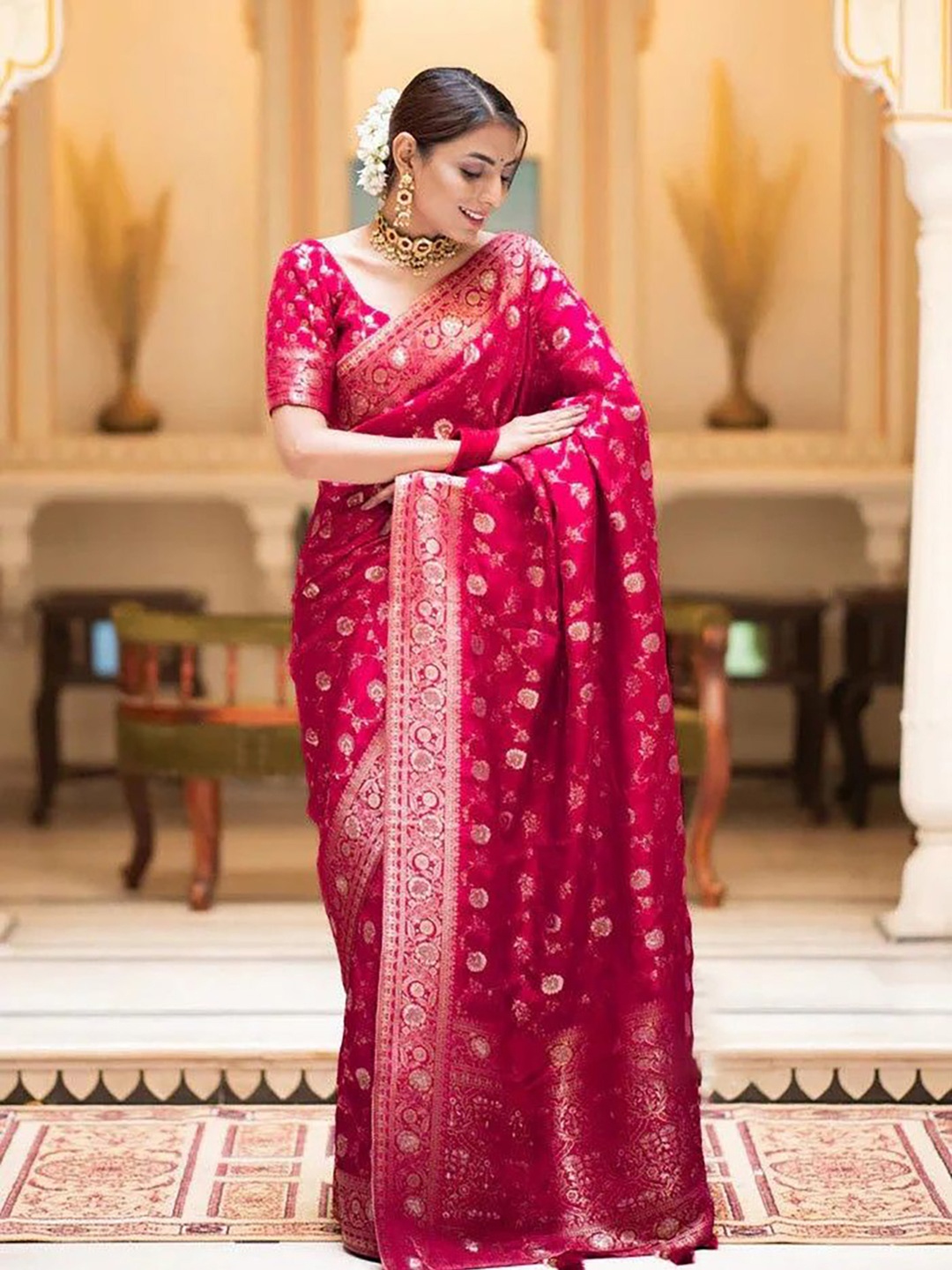

KALINI Woven Design Zari Pure Silk Banarasi Saree, Pink