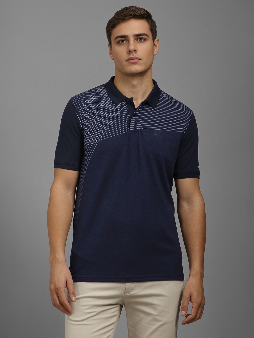 

Louis Philippe Men Striped Polo Collar T-shirt, Navy blue