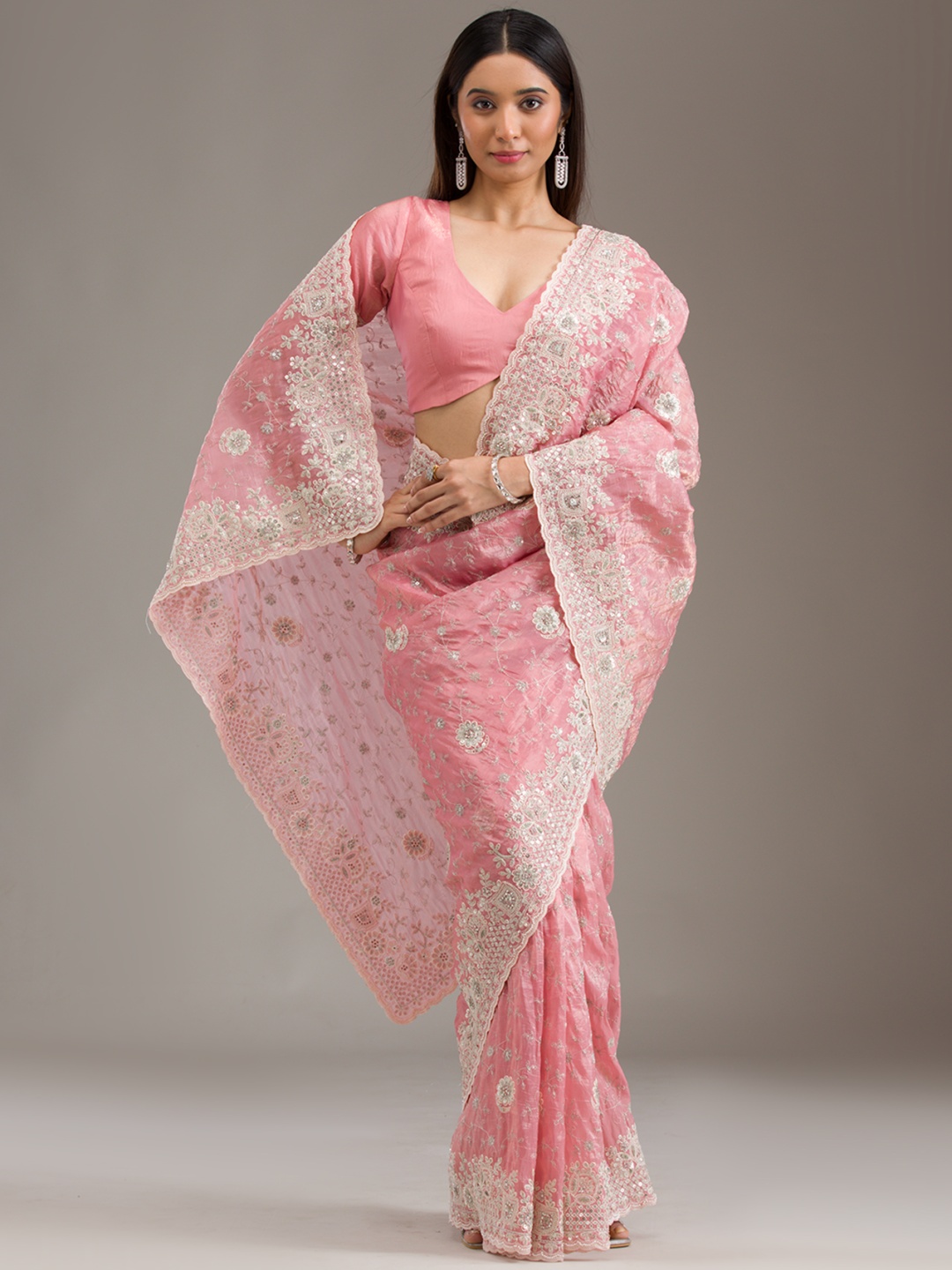 

Koskii Floral Sequinned Tissue Heavy Work Saree, Peach