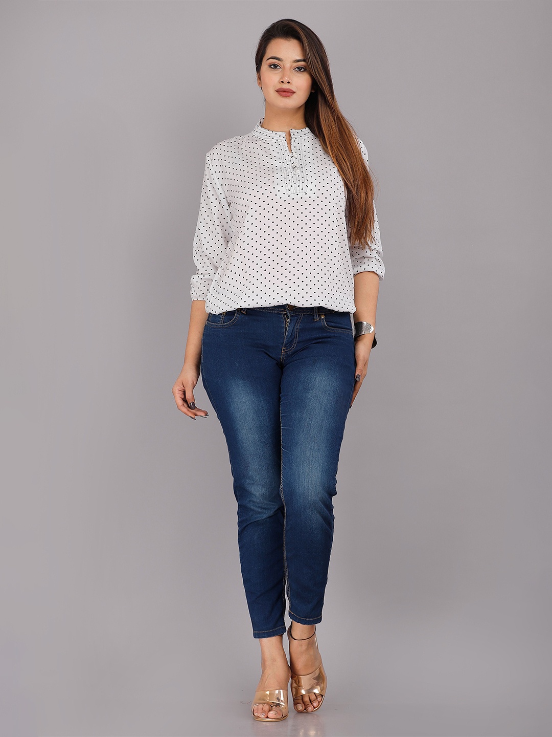 

HIMANC Women Polka Dots Mandarin Collar Bishop Sleeves Top, White