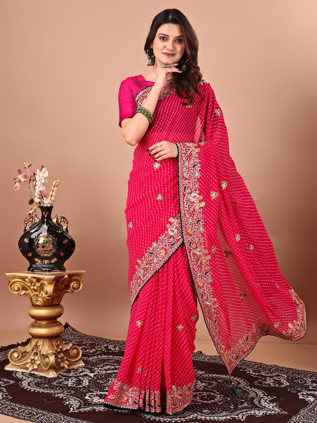 

Panzora Bandhani Embroidered Poly Georgette Bandhani Saree, Pink