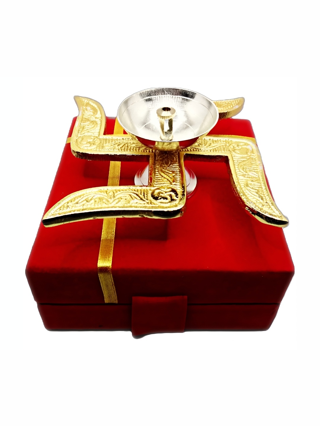 

Adbeni Gold Toned & Silver Toned Swastik Textured Brass Diya With Velvet Box