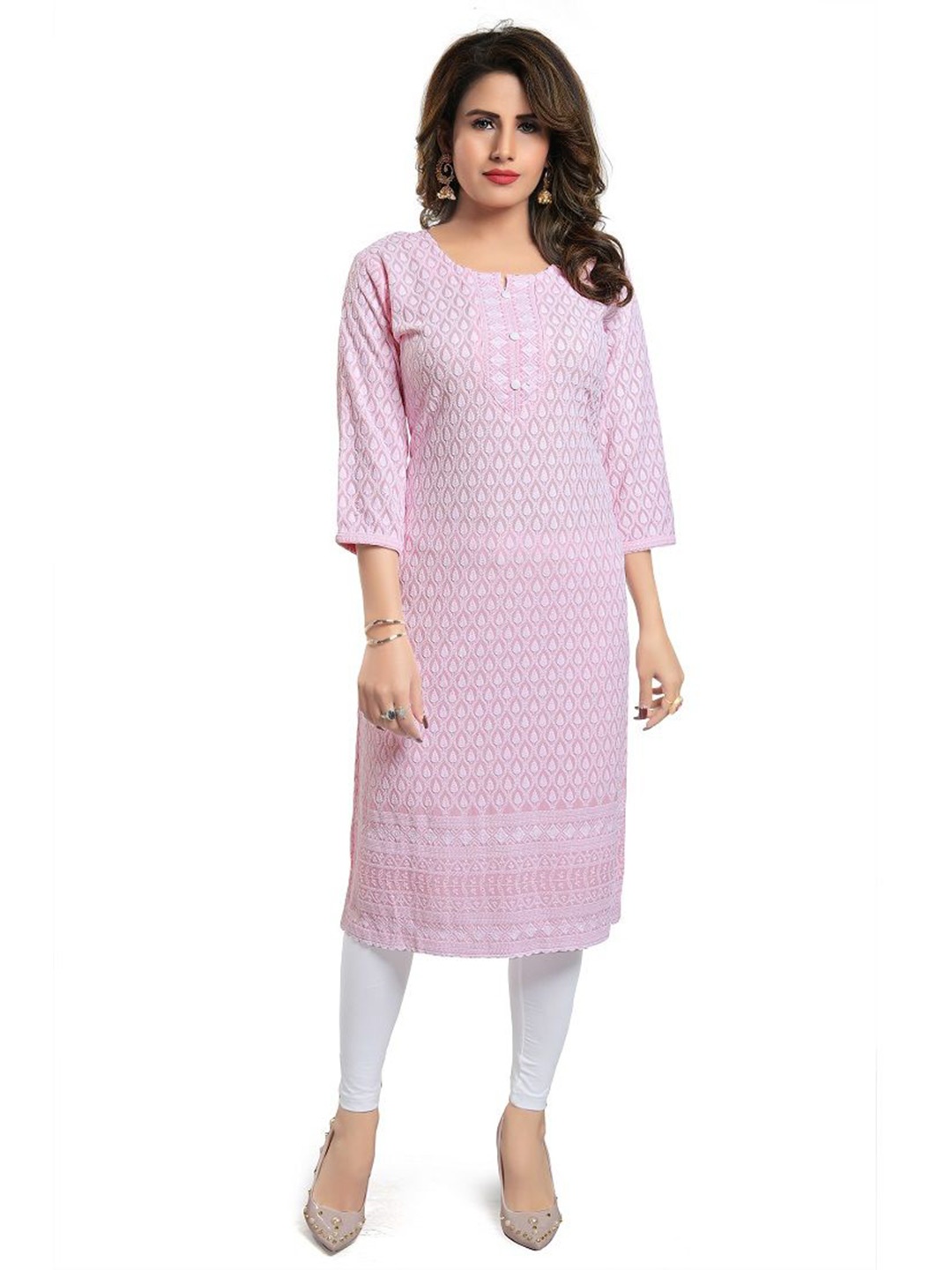 

DREAM & DZIRE Floral Embroidered Notch Neck Thread Work Straight Kurta, Pink