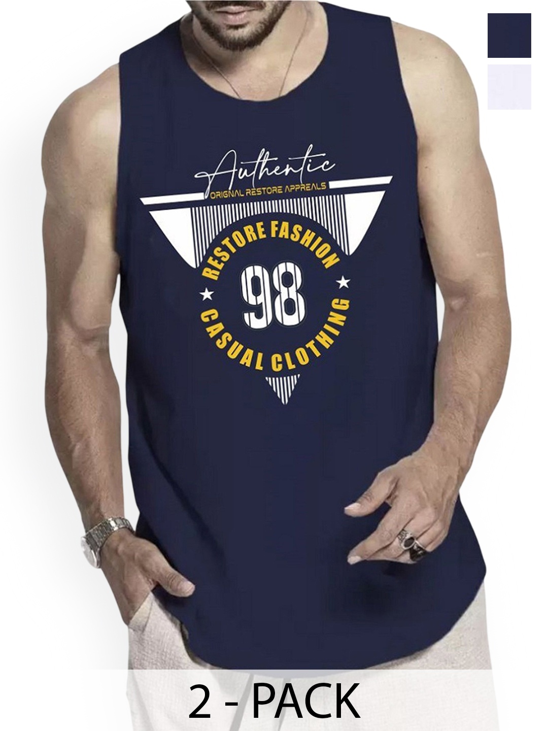 

Woostro Men Pack Of 2 Printed Pure Combed Cotton Gym VestsRS26 CMB (MORE WHITE) (98 NAVY)