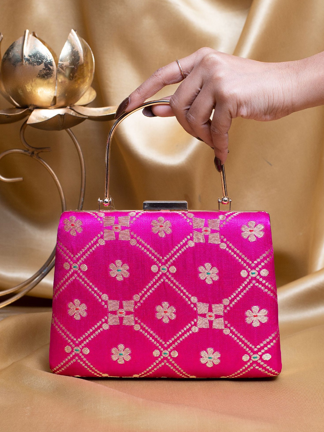 

ARTKLIM Floral Embroidered Brocade Box Clutch, Pink