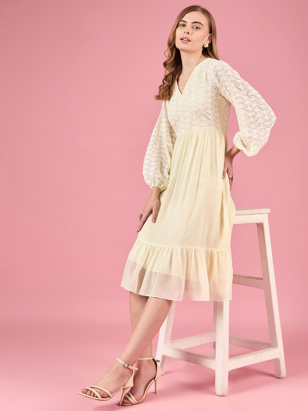 

DressBerry Women Floral Embroidered Puff Sleeve Georgette Fit & Flare Midi Dress, Yellow