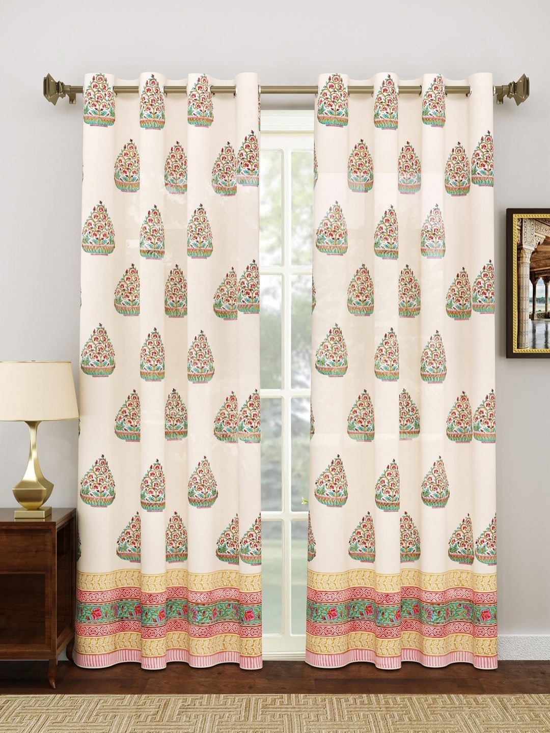 

Myntra Elegant Homes Pink & Blue 2 Pieces Cotton Eyelet Floral Door Curtain