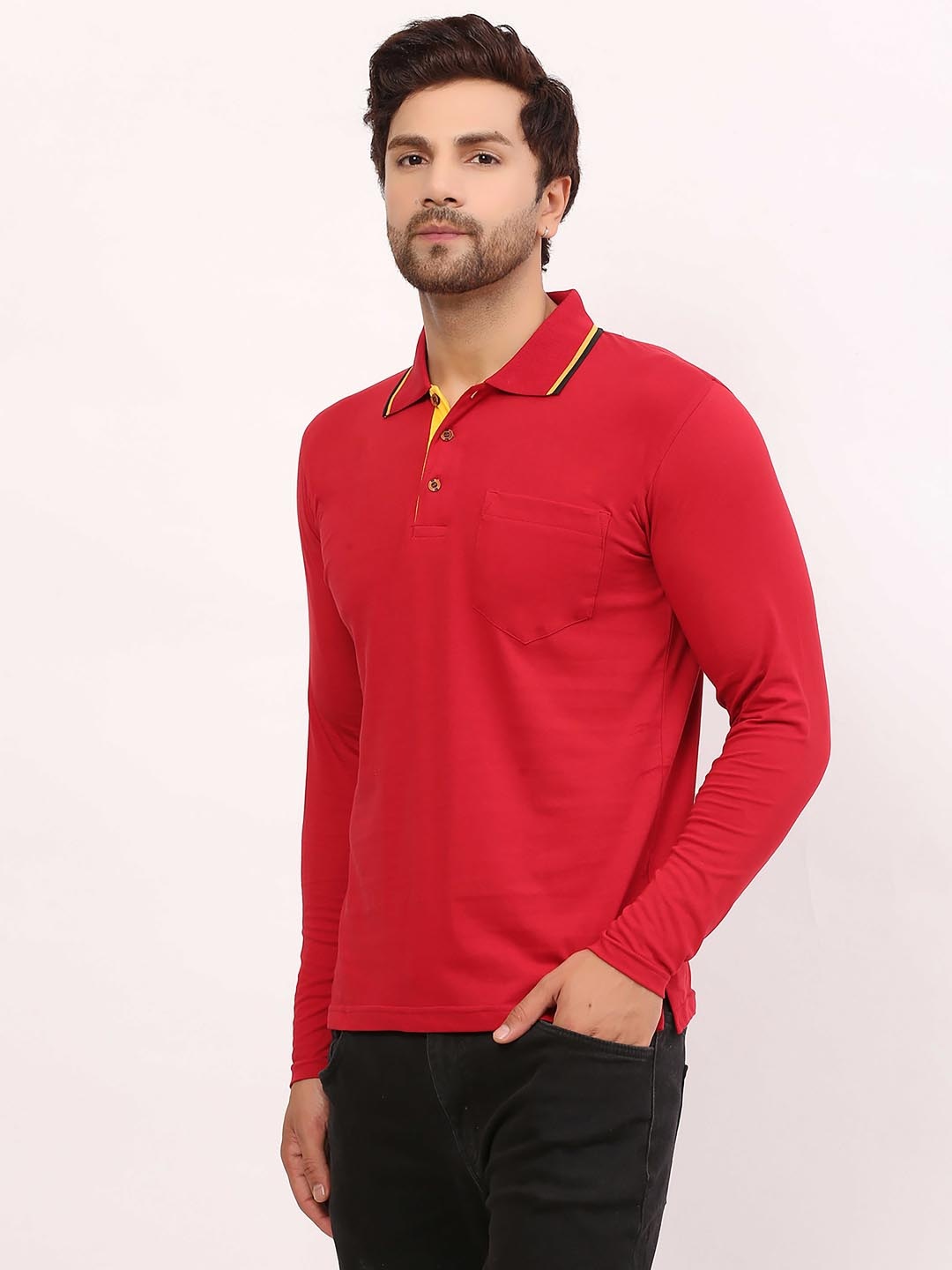 

ALARM Men Solid Polo Collar Cotton T-shirt, Red