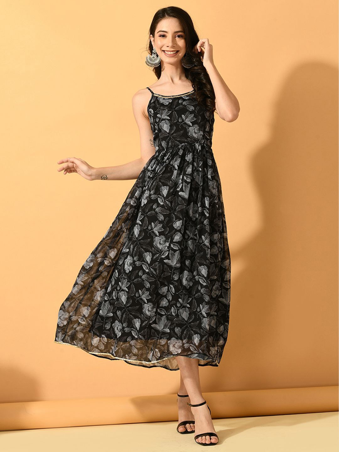 

KALINI Women Ethnic Motifs Printed Chiffon Maxi Dress, Black