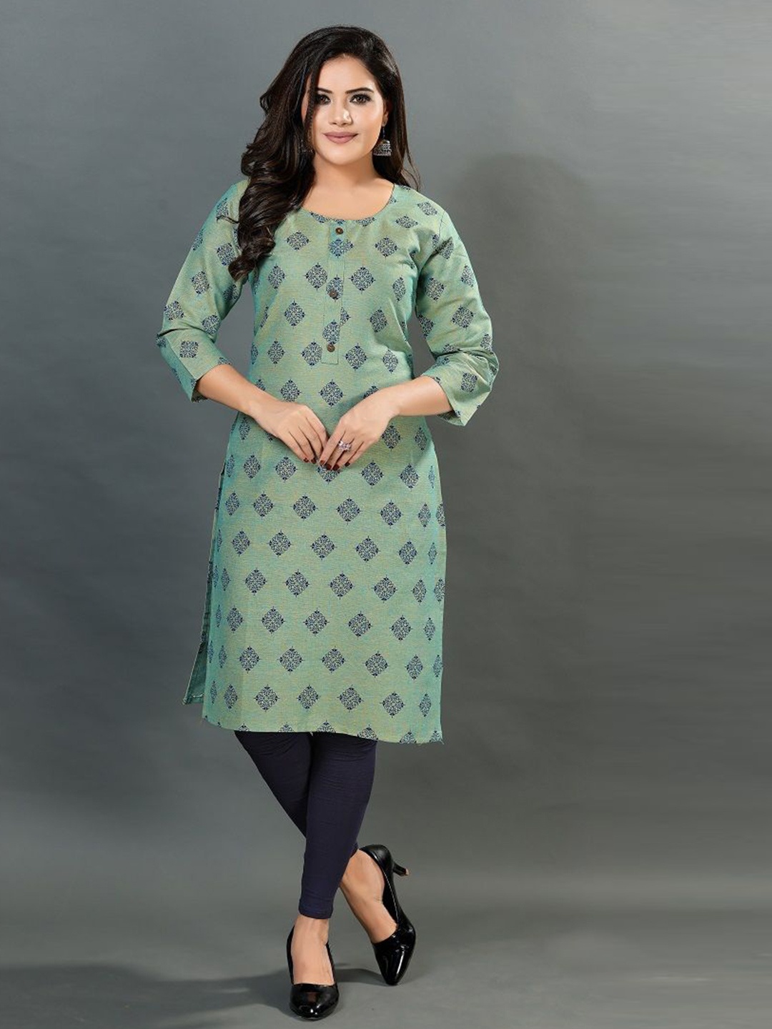 

DREAM & DZIRE Ethnic Motifs Printed Round Neck Pure Cotton Straight Kurta, Green