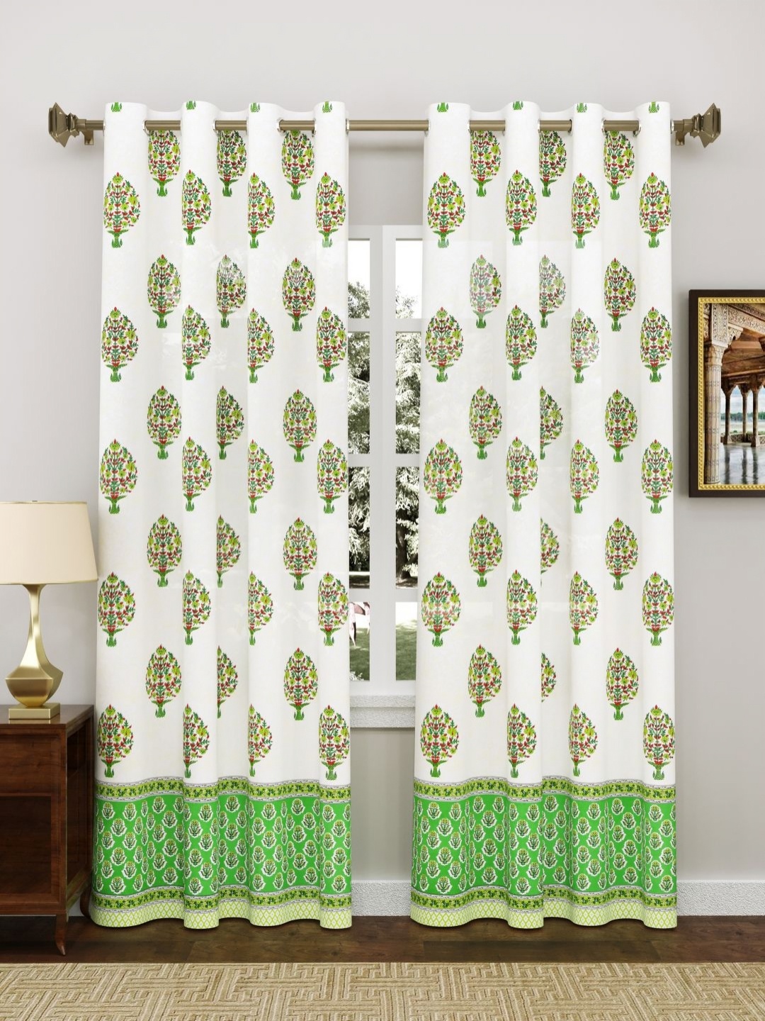 

Myntra Elegant Homes Green And White 2 Pieces Floral Printed Cotton Door Curtain