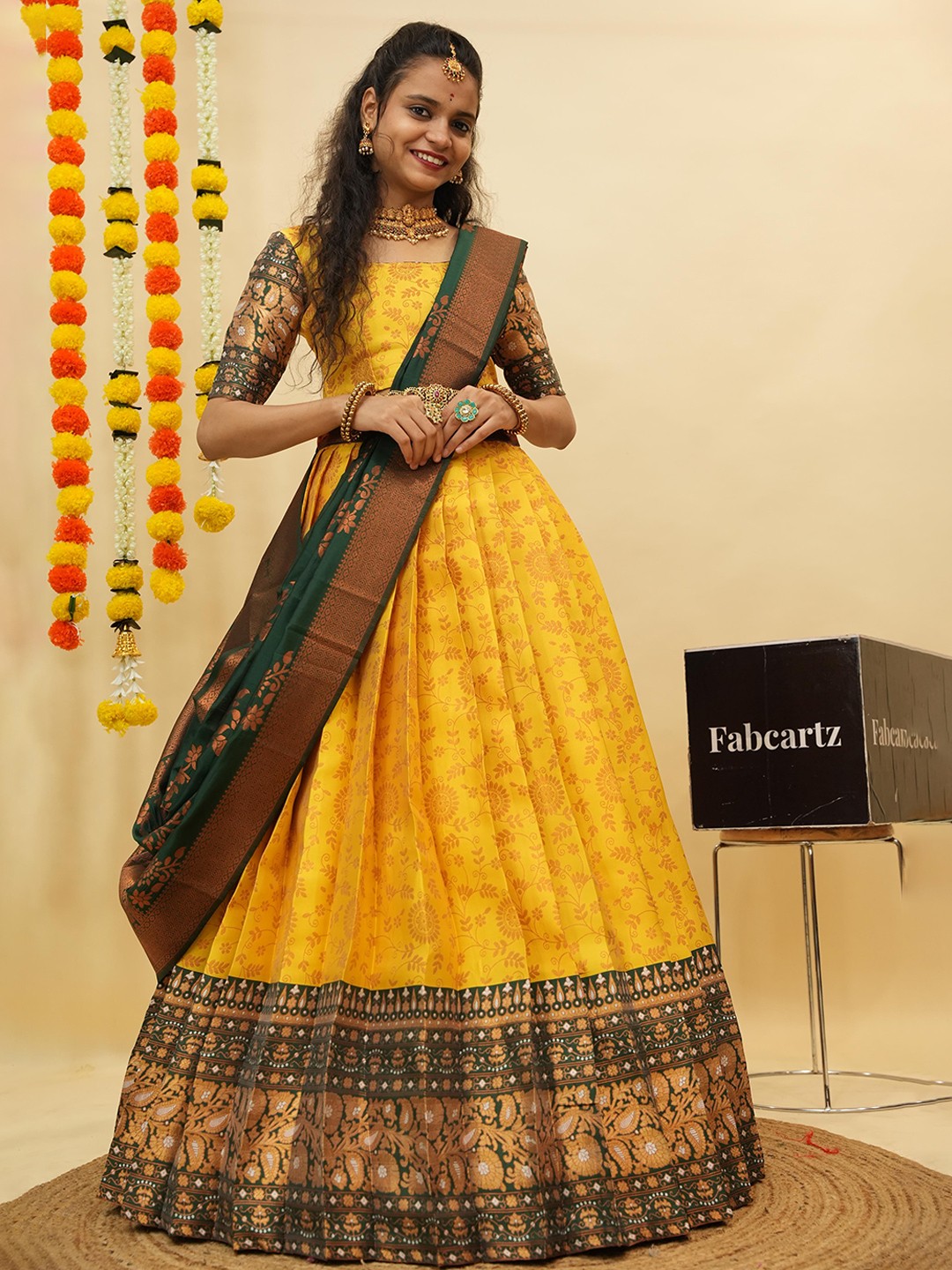 

Fabcartz Woven Design Zari Semi-Stitched Lehenga & Unstitched Blouse With Dupatta, Yellow