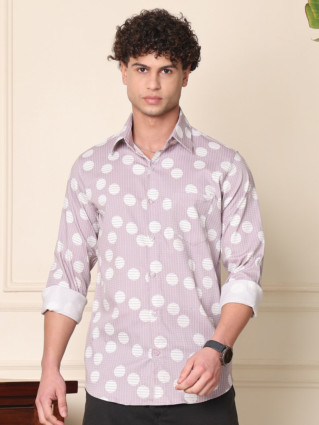 

Tanip Men Spread Collar Geometric Printed Cotton Casual Shirt, Mauve