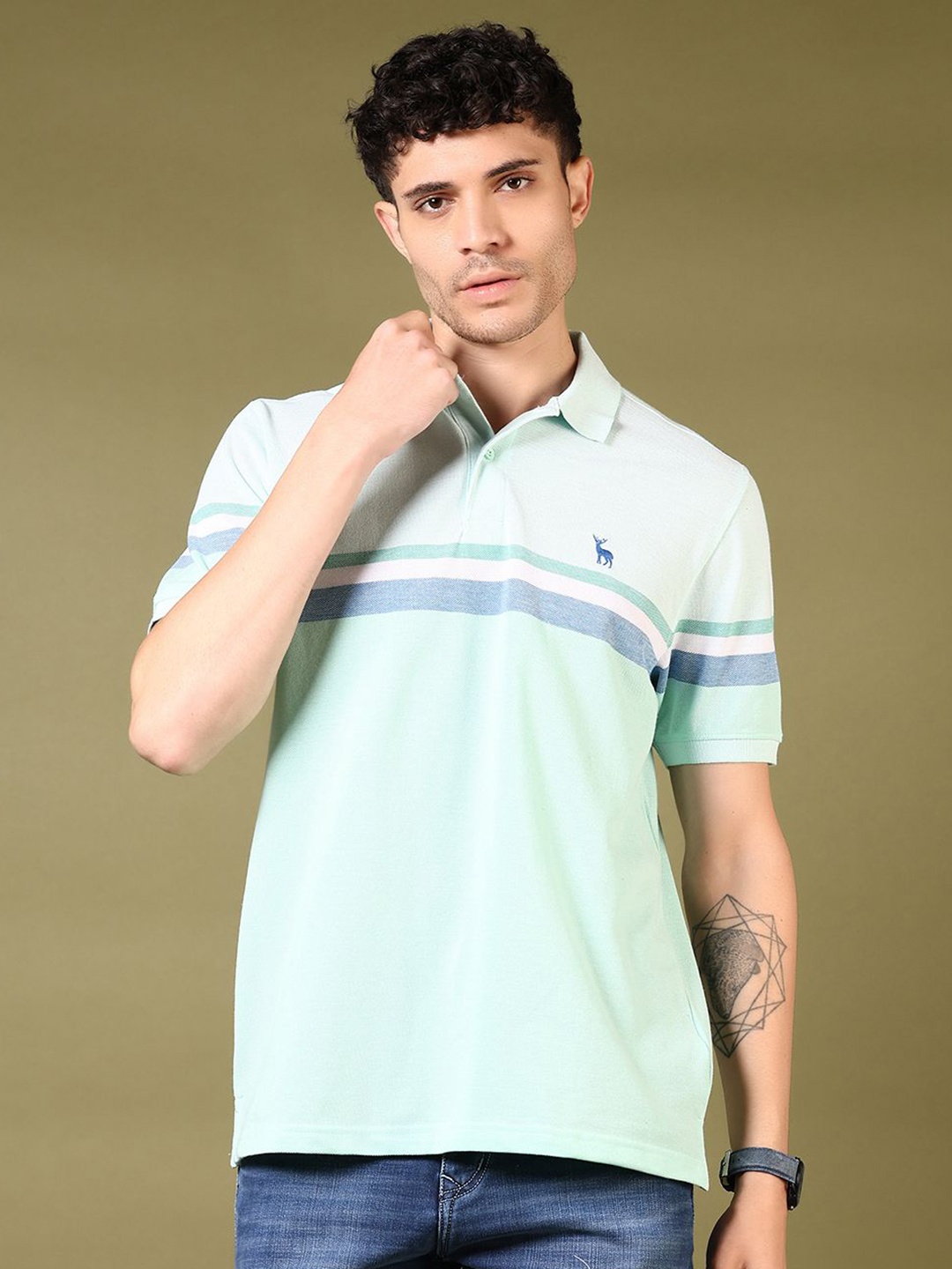 

V-Mart Men Striped Polo Collar Cotton T-shirt, Green