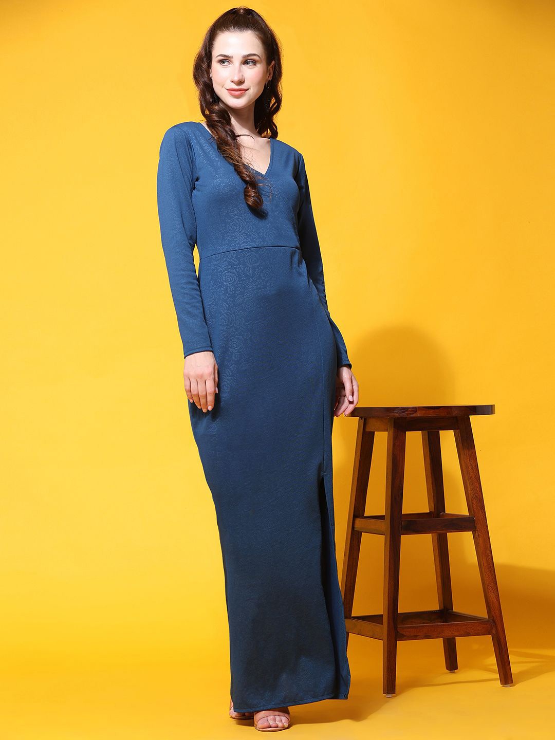 

DressBerry Women PU Coated Scuba Wrap Maxi Dress, Blue