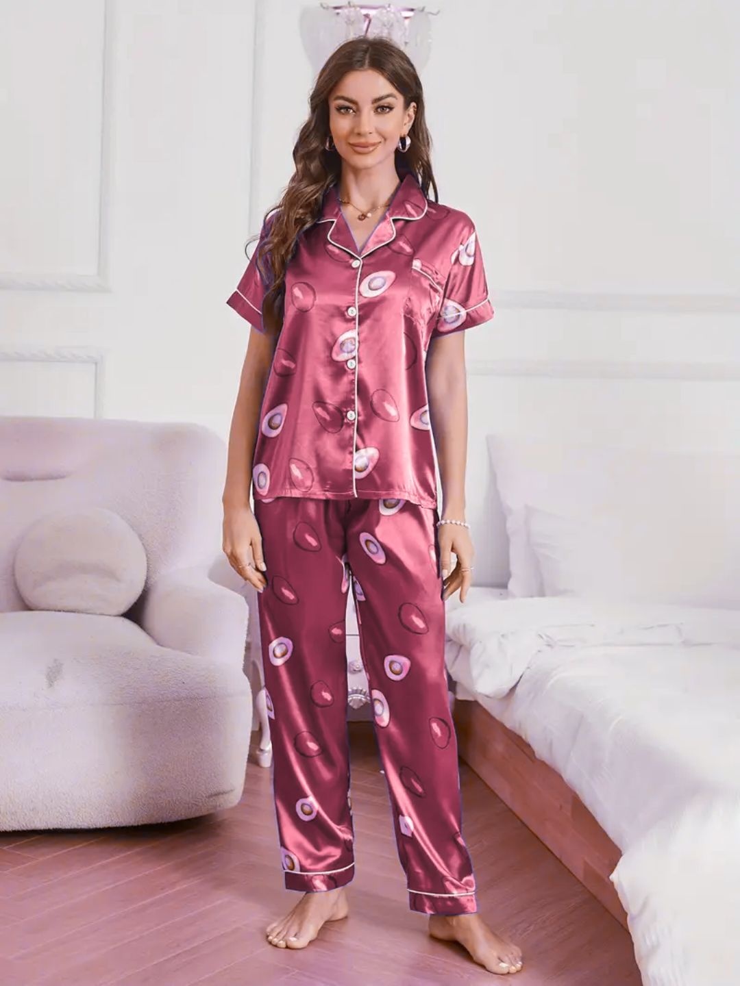 

NIJANAND TEXTILE Printed Shirt Collar Night suit, Pink